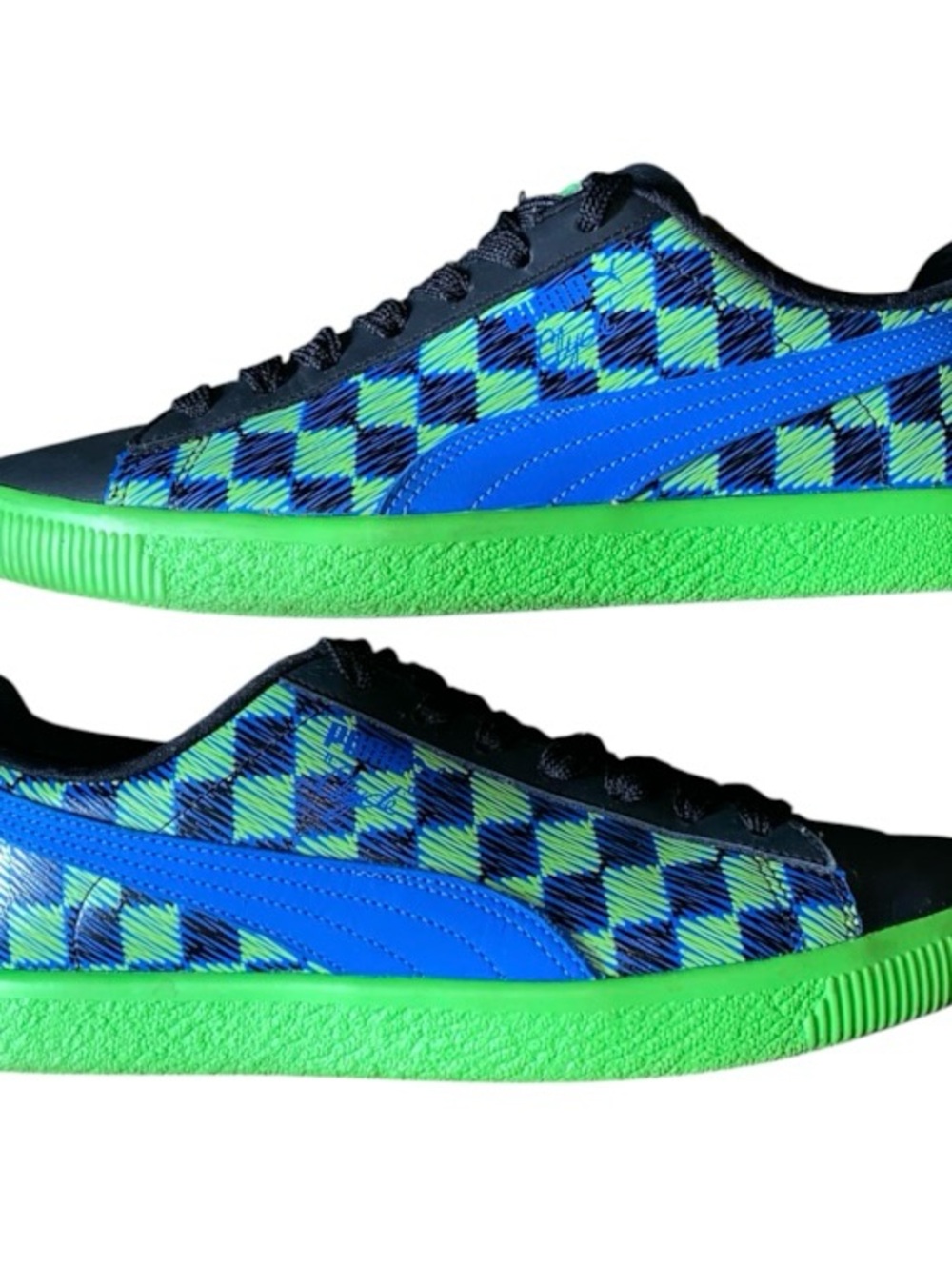 Puma Clyde Pit Crew Checkerboard Green Sneakers with Neon Trim Men’s Size 10